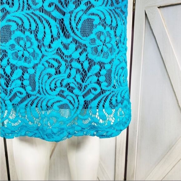 Eva Mendes New York & Co. Lace Sheath Bodycon‎ Dress Teal Black 2 Cap Sleeve - Picture 6 of 11
